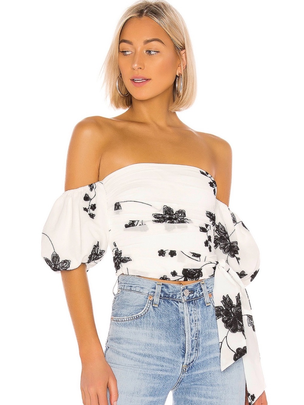 House of Harlow 1960 Leya Embroidered White and Black Top